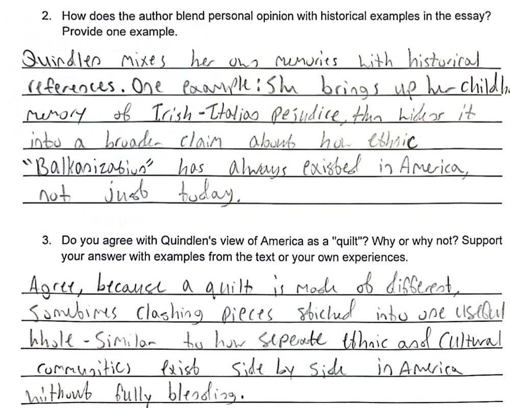 A scanned worksheet: printed comprehension questions about Anna Quindlen's essay, each answered in pencil in a pupil's handwriting.